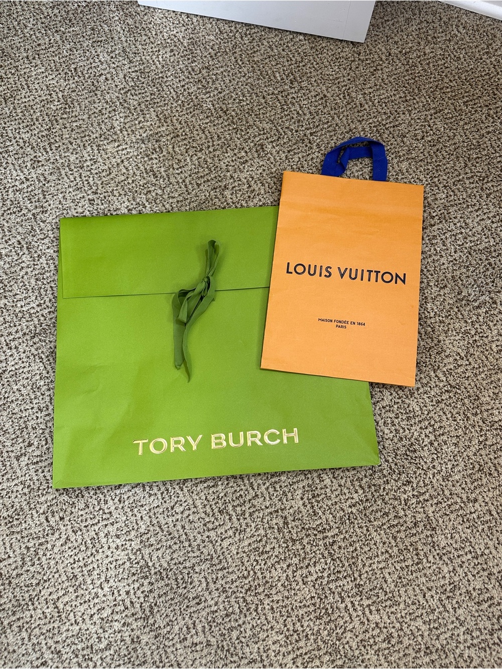 Louis Vuitton Orange Mini Paper Bag with Bright Green Tory Burch Shopping Bag